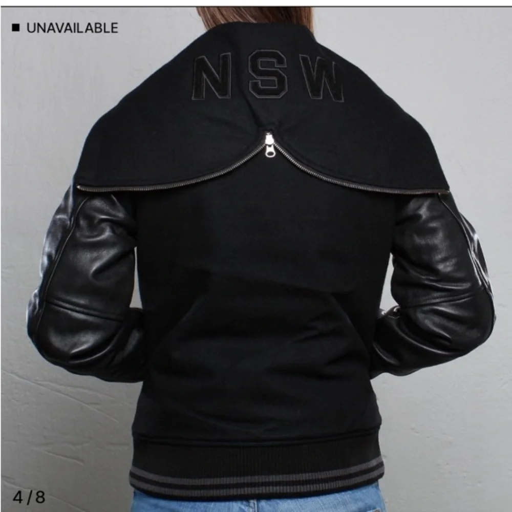 Nike NSW Black Leather Wool Hooded Destroyer Varsity Bomber Jacket S Letterman
